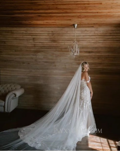 Off The Shoulder Mermaid Sweep Train Wedding Gown/Dress With Appliques HS467
