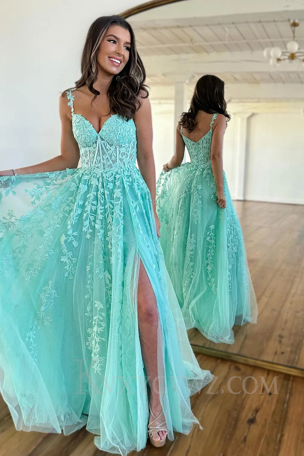 A Line Spaghetti Straps Light Green Sweetheart Prom Dress with Appliques LF011