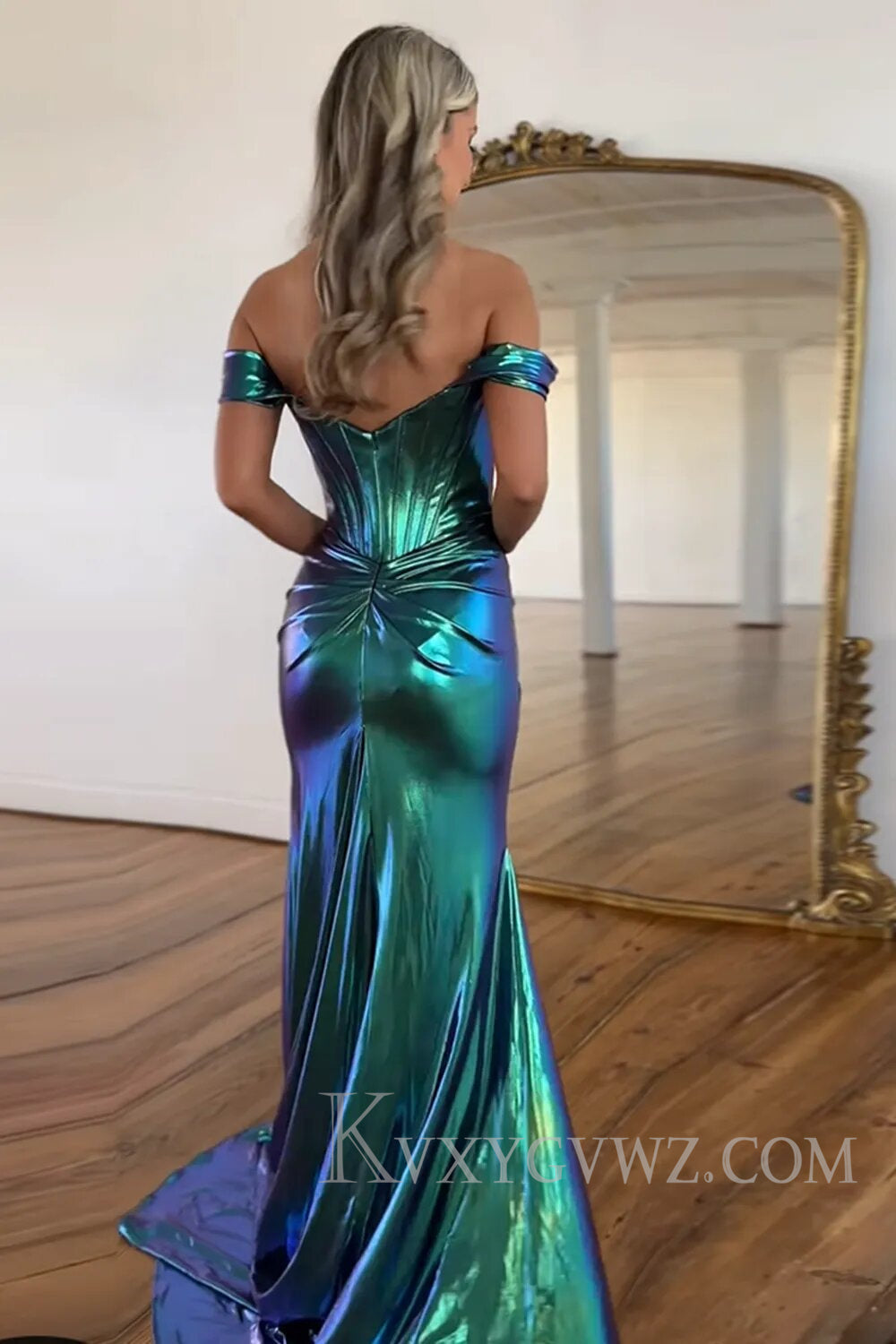 Emerald Green Ruched Corset Metallic Mermaid Prom Dress with Slit LF110