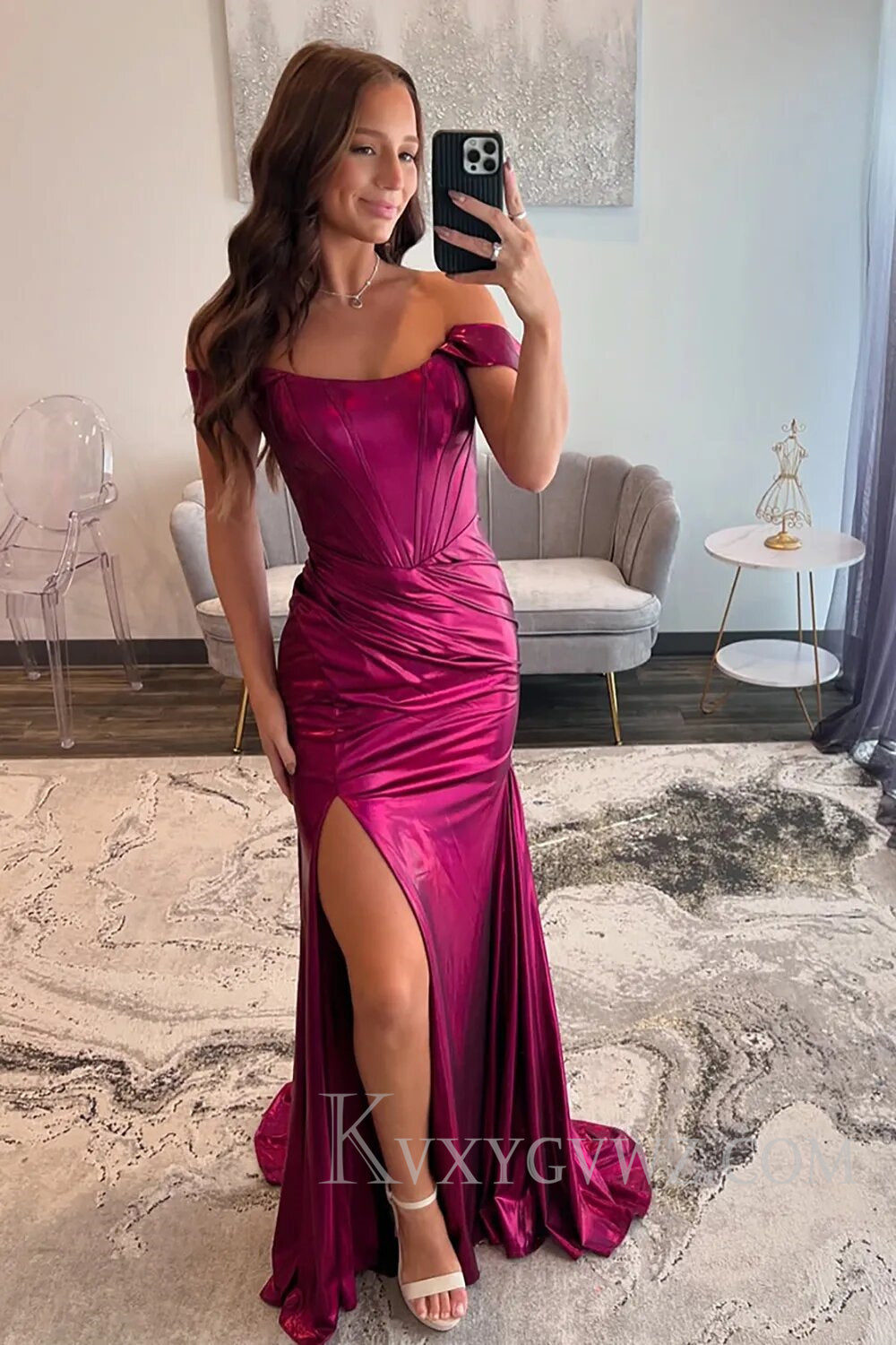 Emerald Green Ruched Corset Metallic Mermaid Prom Dress with Slit LF110
