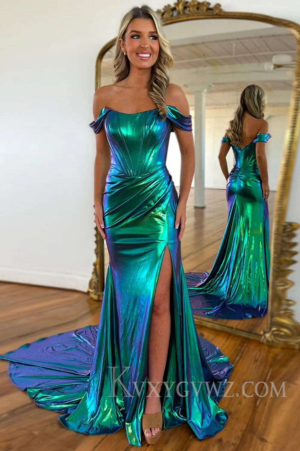 Emerald Green Ruched Corset Metallic Mermaid Prom Dress with Slit LF110
