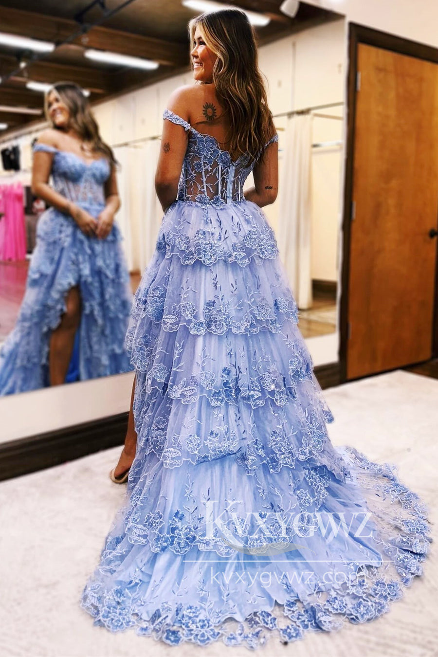 Periwinkle Tulle Appliques Evening Gown Off-the-Shoulder Ruffle Long Prom Dress LF1101