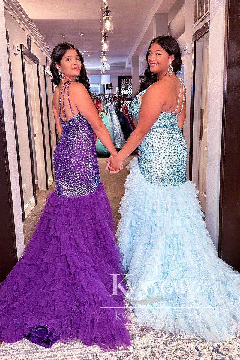 Purple One Shoulder Evening Gown Tulle Beaded Ruffle Mermaid Long Prom Dress LF1102