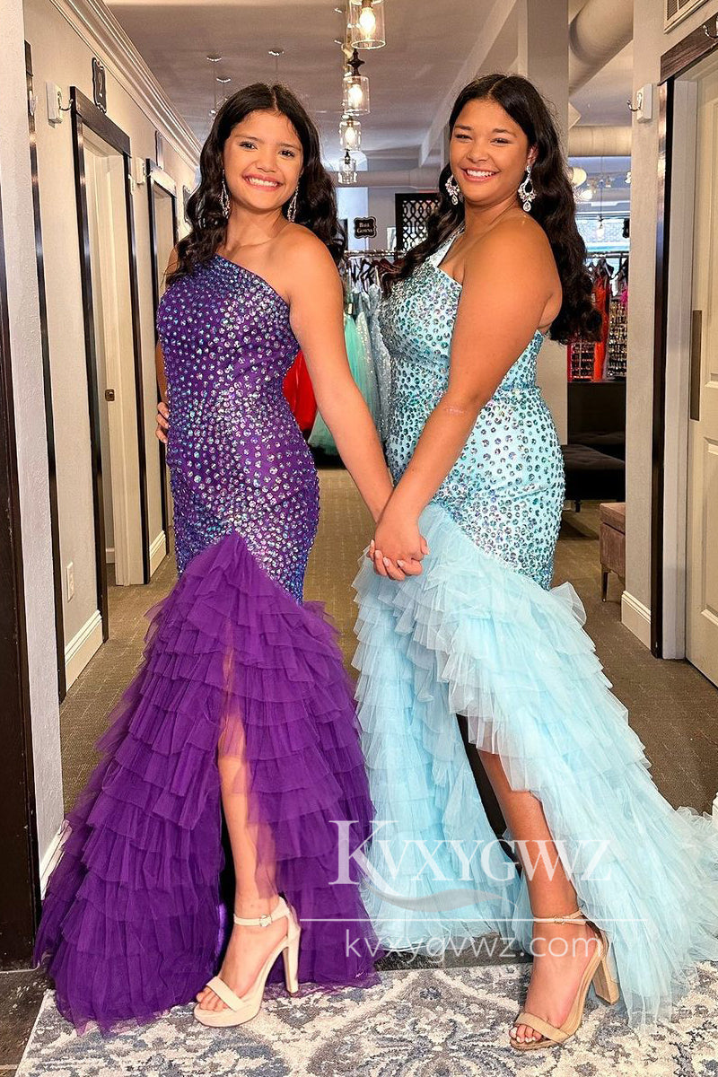 Purple One Shoulder Evening Gown Tulle Beaded Ruffle Mermaid Long Prom Dress LF1102
