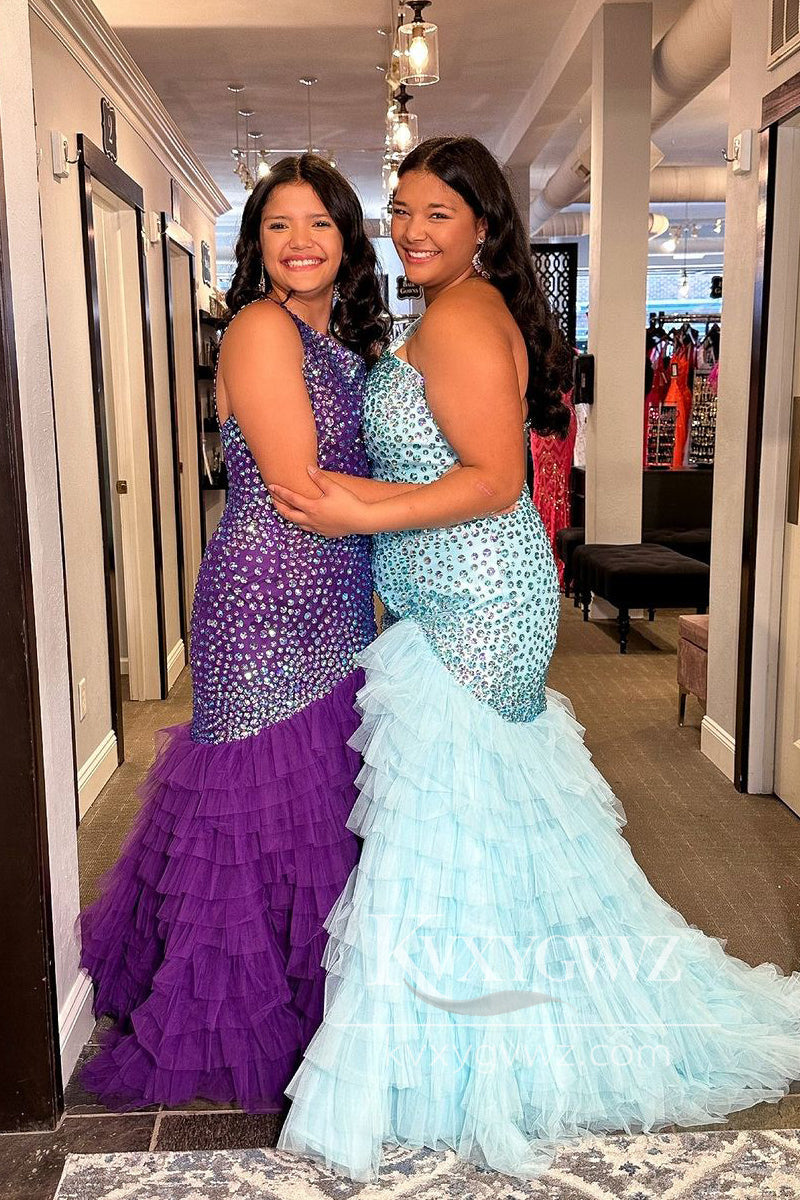 Purple One Shoulder Evening Gown Tulle Beaded Ruffle Mermaid Long Prom Dress LF1102