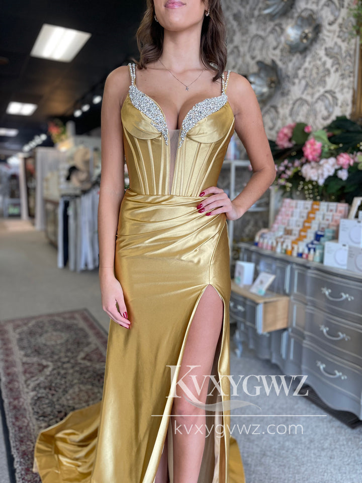 Stunning Mermaid V Neck Evening Gown Fuchsia Satin Slit Prom Dress with Beading LF1105