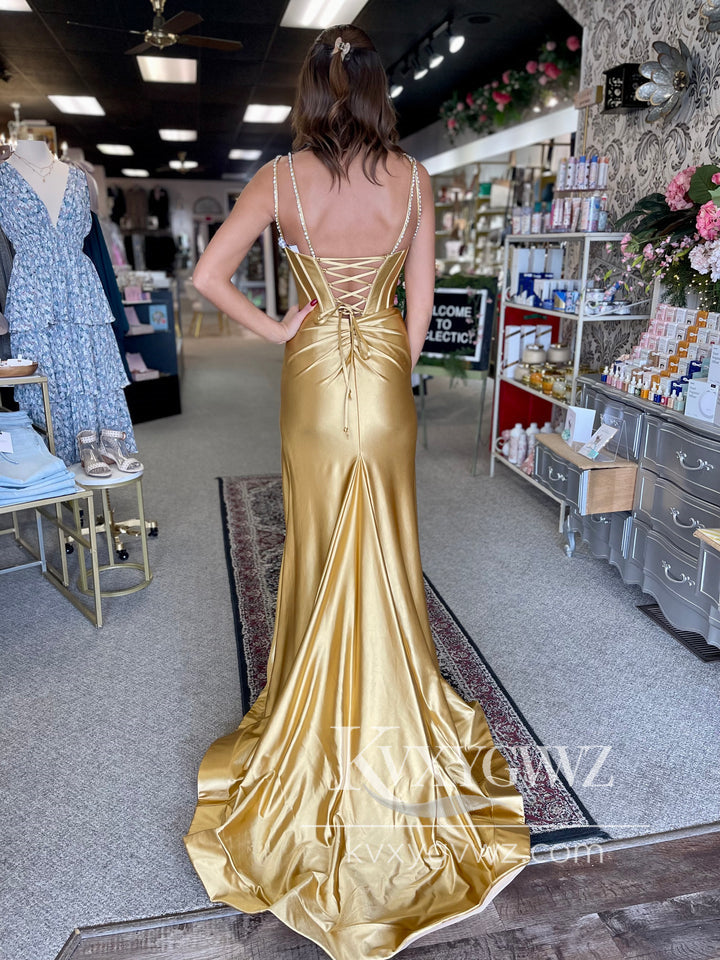 Stunning Mermaid V Neck Evening Gown Fuchsia Satin Slit Prom Dress with Beading LF1105