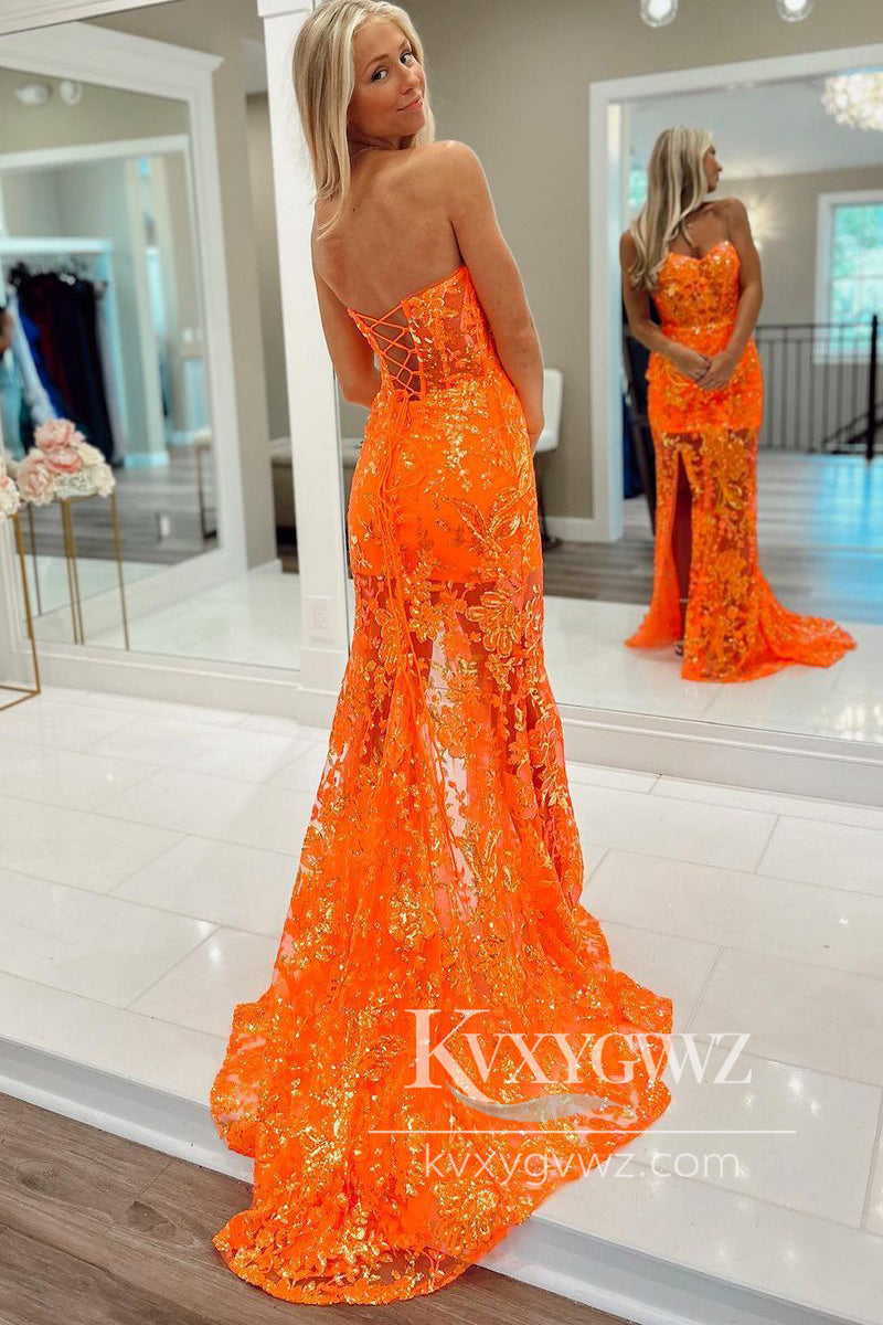 Orange Mermaid Evening Gown Sequin Lace Long Prom Dress with Detachable Shoulder Straps LF1107