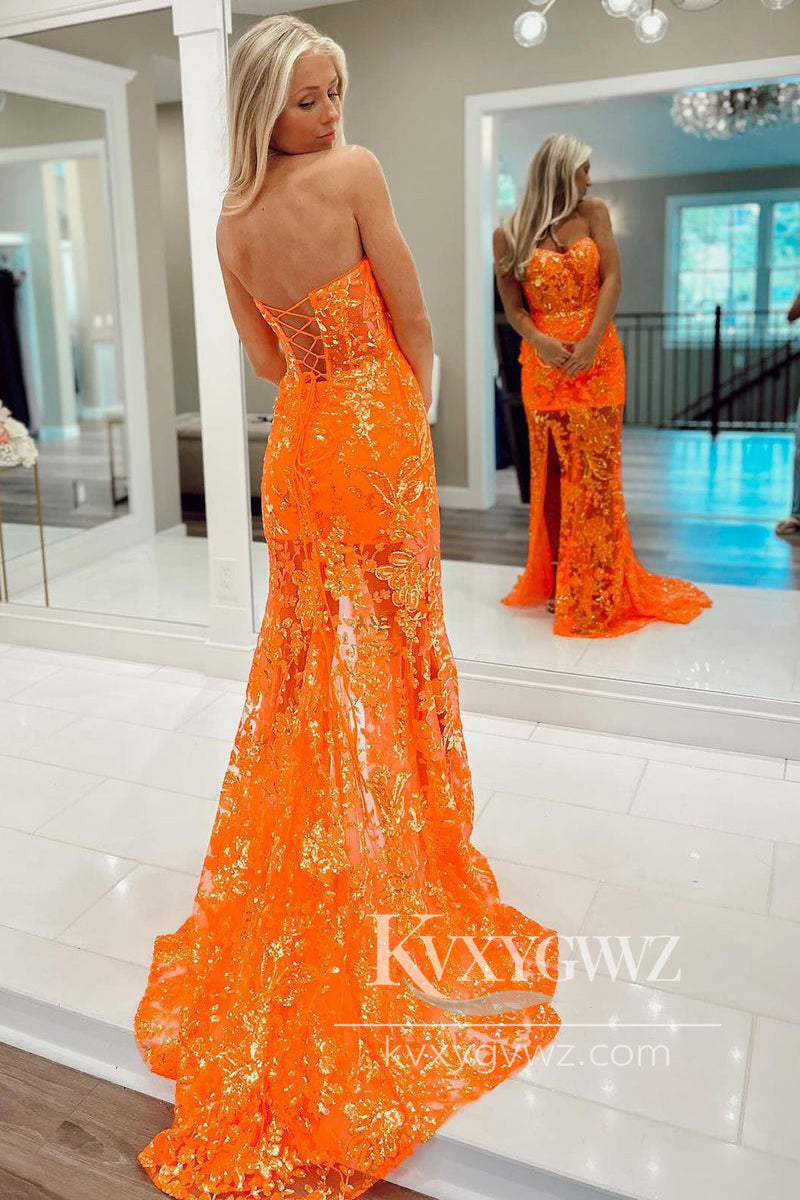 Orange Mermaid Evening Gown Sequin Lace Long Prom Dress with Detachable Shoulder Straps LF1107