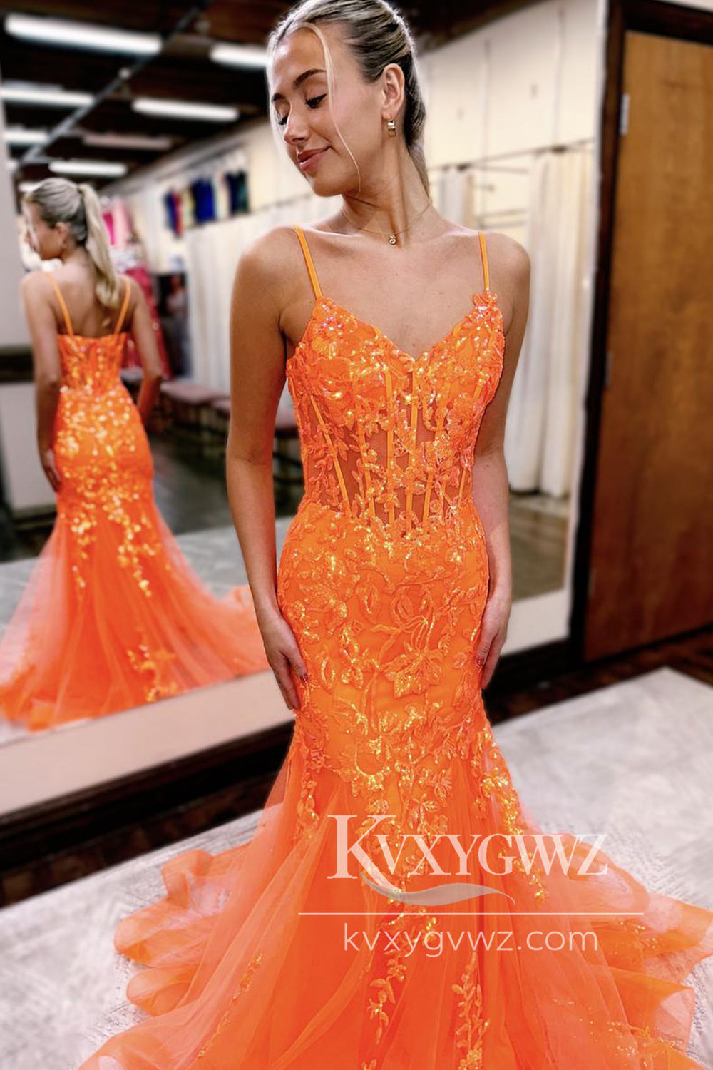 Stunning Mermaid V Neck Straps Evening Gown Orange Sequins with Tulle Long Prom Dress LF1108