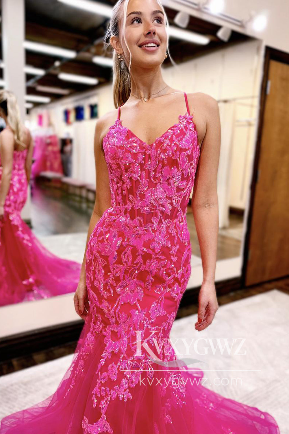 Stunning Mermaid V Neck Straps Evening Gown Orange Sequins with Tulle Long Prom Dress LF1108