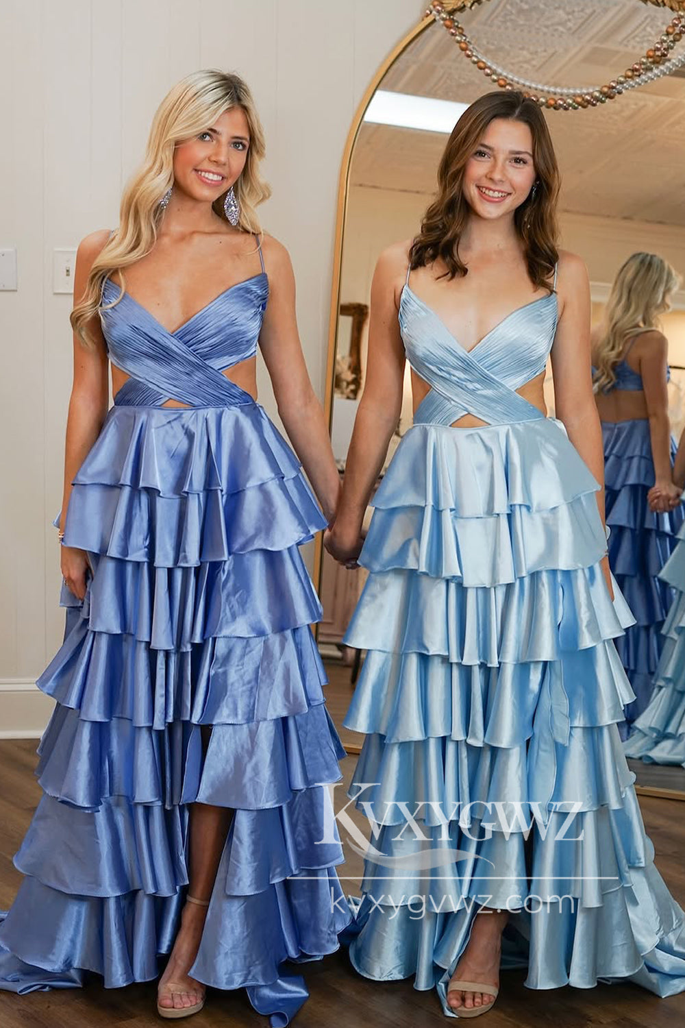 Fairy A Line V Neck Evening Gown Tiered Satin Long Prom Dress with Slit LF1109