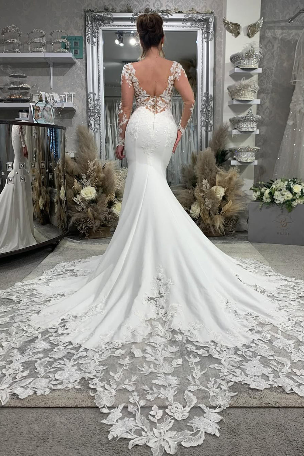 Dazzling Mermaid V Neck Elastic Satin Wedding Dresses Gown with Appliques HS834