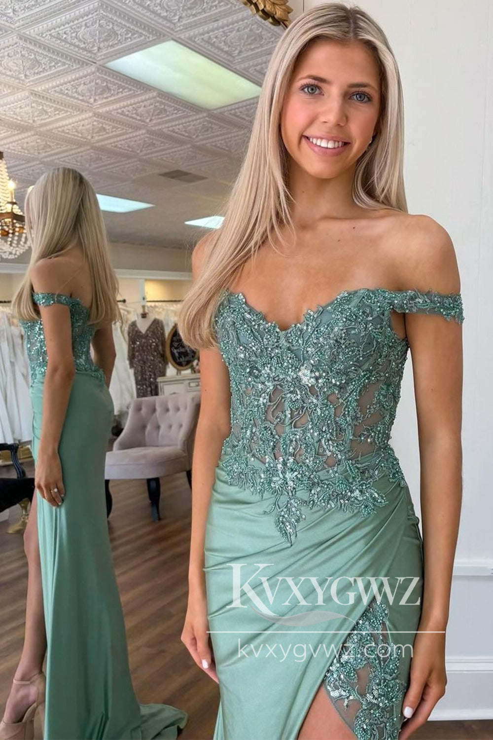 Charming Mermaid Green Evening Gown Off the Shoulder Satin Prom Dress With Slit LF1111