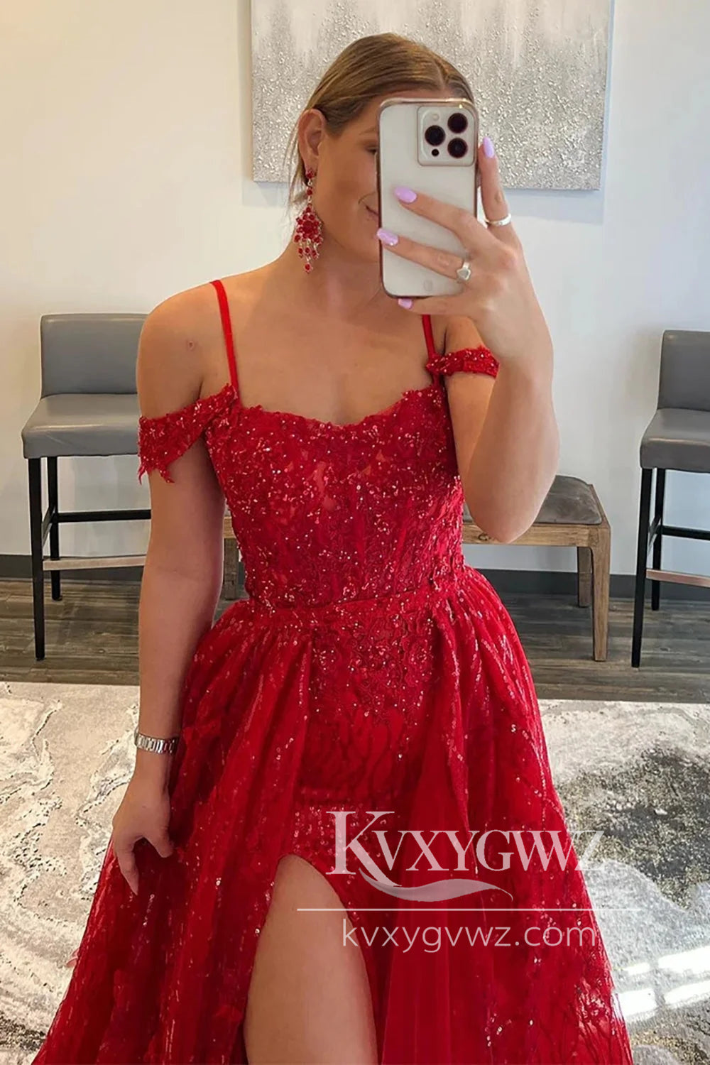 Red A-Line Evening Gown Spaghetti Strap Off the Shoulder Sequin Lace Prom Dress LF1112
