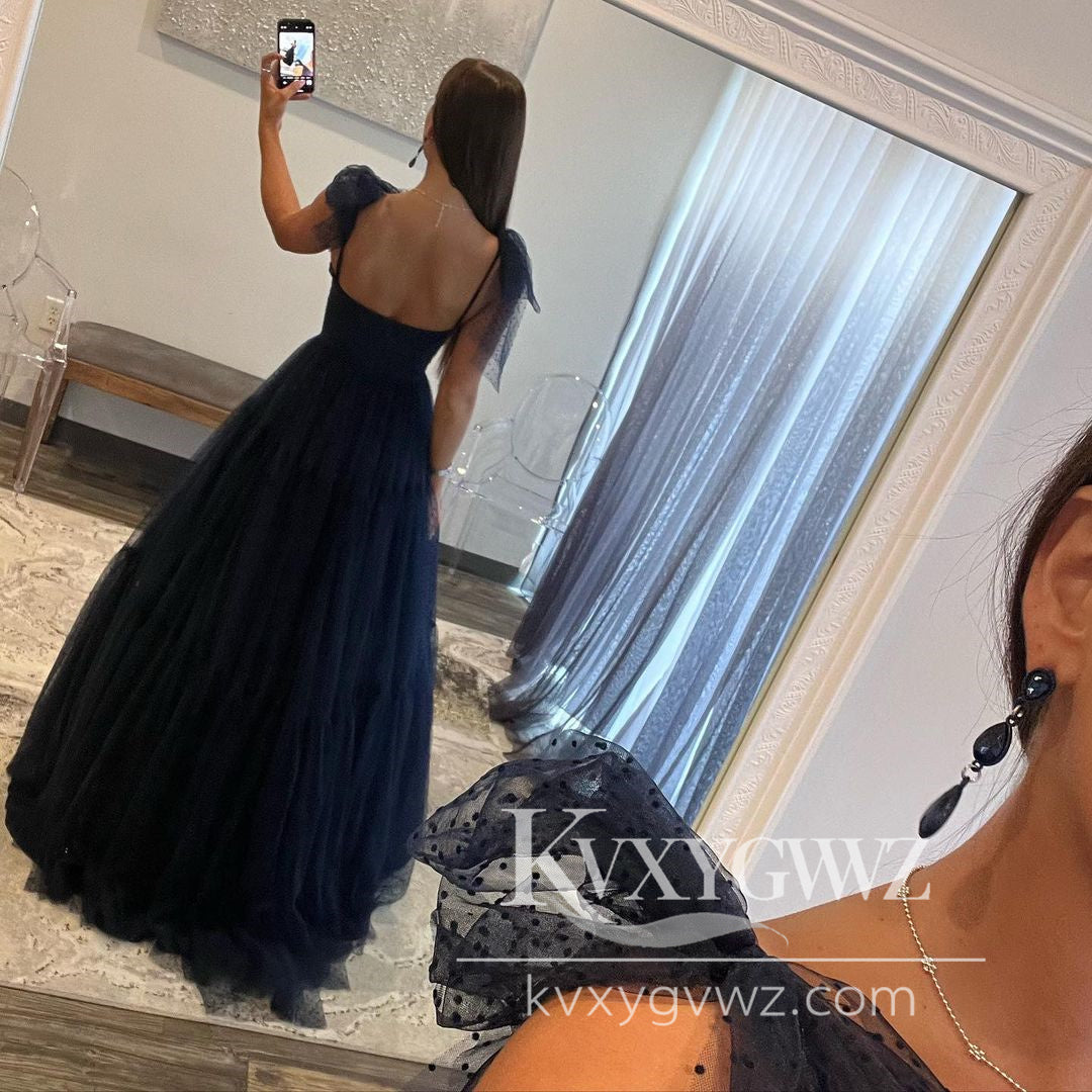 Spaghetti Strap Sweetheart Navy Blue Evening Gown Tulle Long Prom Dress LF1116