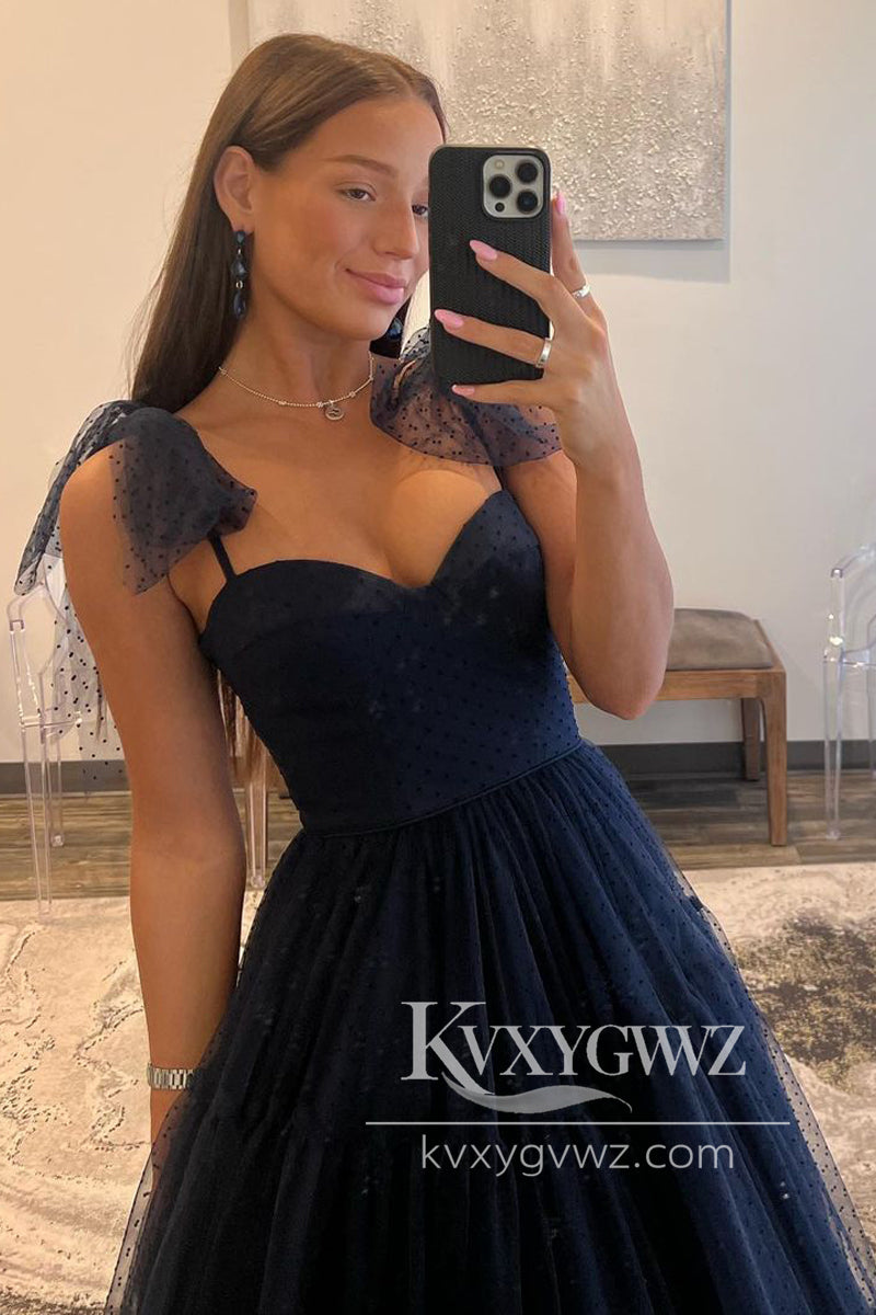 Spaghetti Strap Sweetheart Navy Blue Evening Gown Tulle Long Prom Dress LF1116