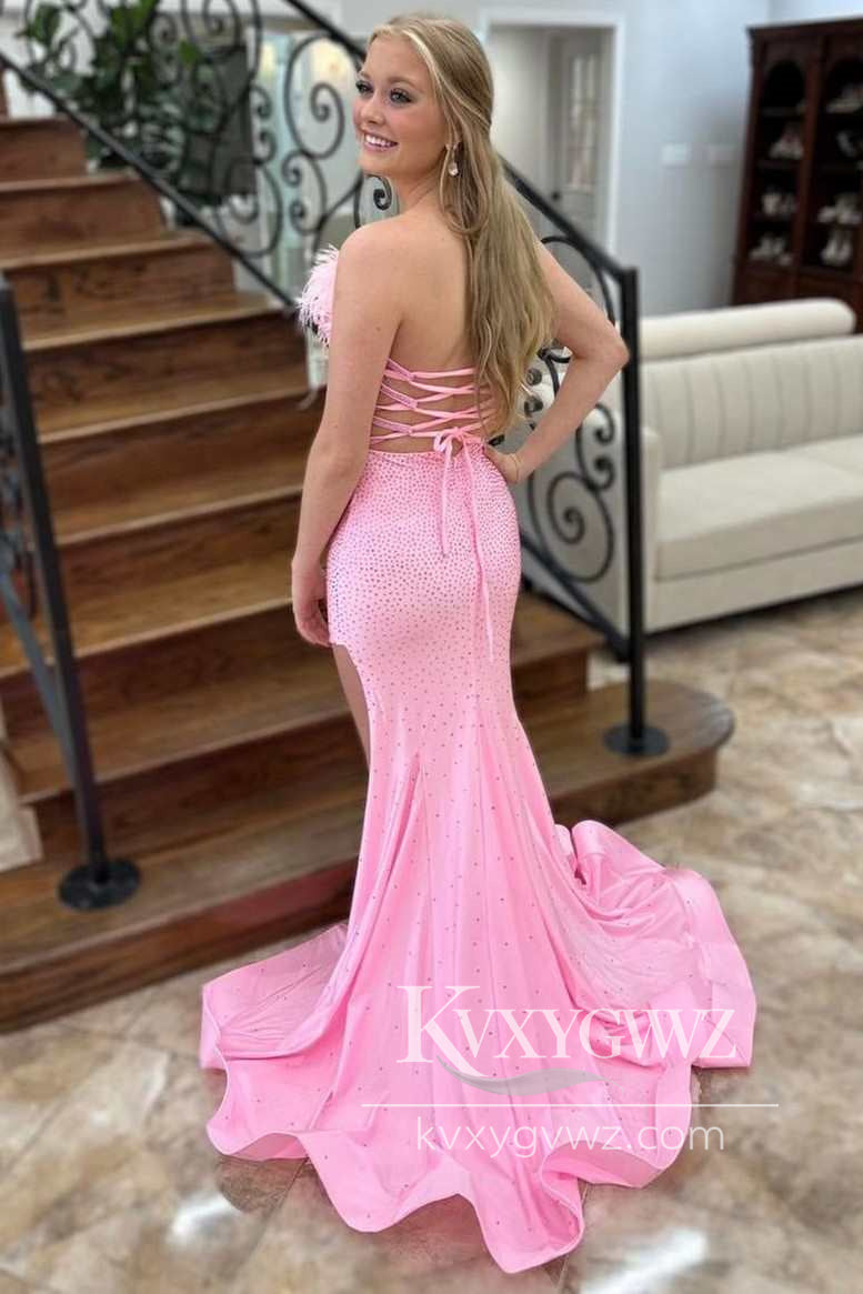 Pink Beaded Feather Evening Gown Strapless Lace-Up Mermaid Long Prom Dress LF1118