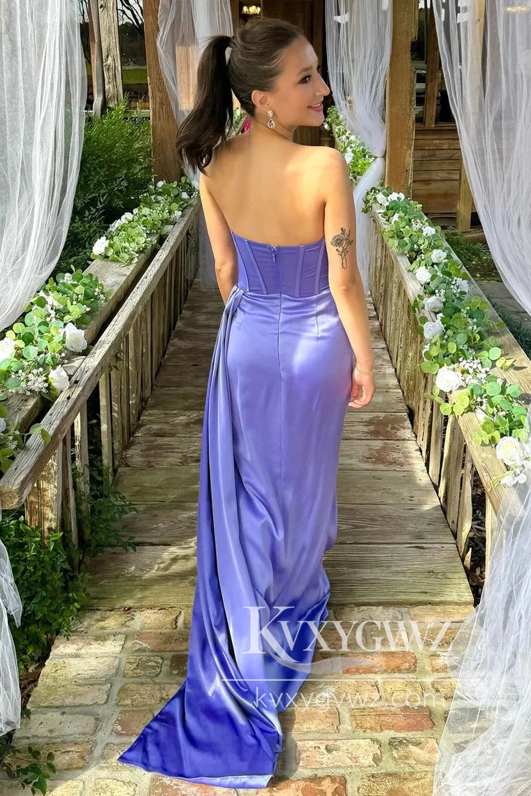 Periwinkle Strapless Evening Gown Pleated Prom Dress with Attached Train LF1119