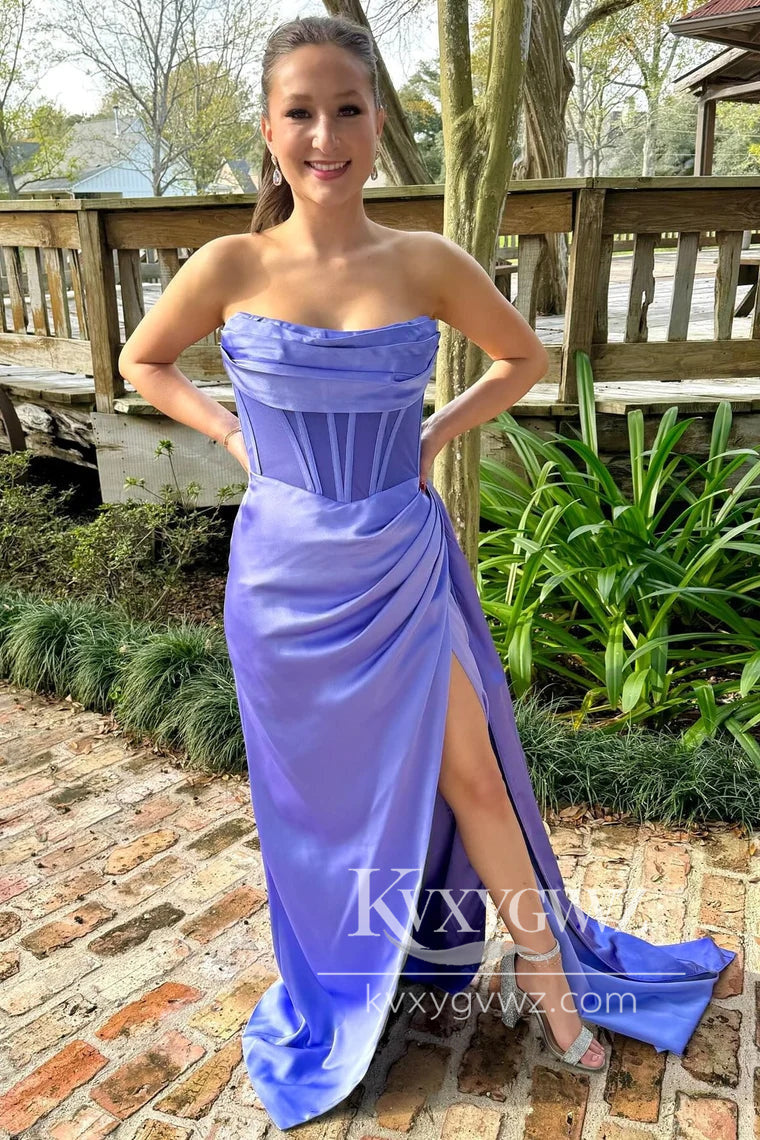Periwinkle Strapless Evening Gown Pleated Prom Dress with Attached Train LF1119