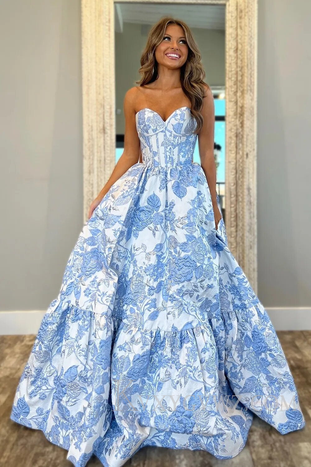 Sweetheart A-Line Blue Floral Corset Long Prom Dress LF112