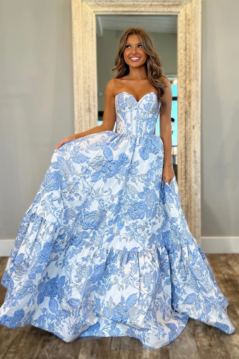 Sweetheart A-Line Blue Floral Corset Long Prom Dress LF112