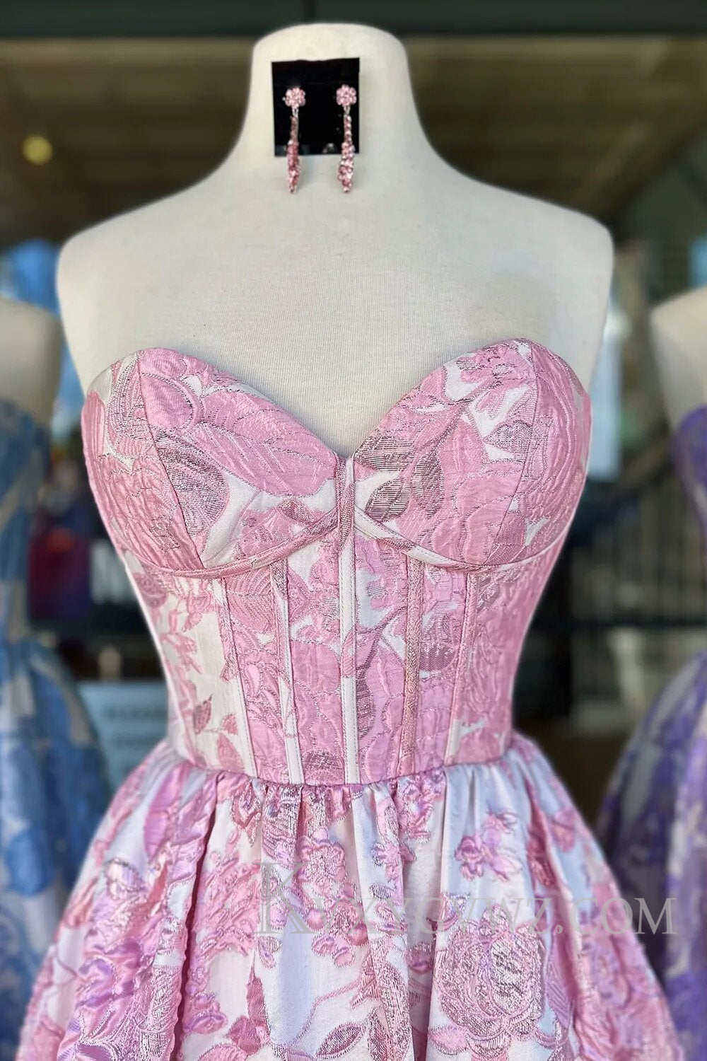 Sweetheart A-Line Blue Floral Corset Long Prom Dress LF112