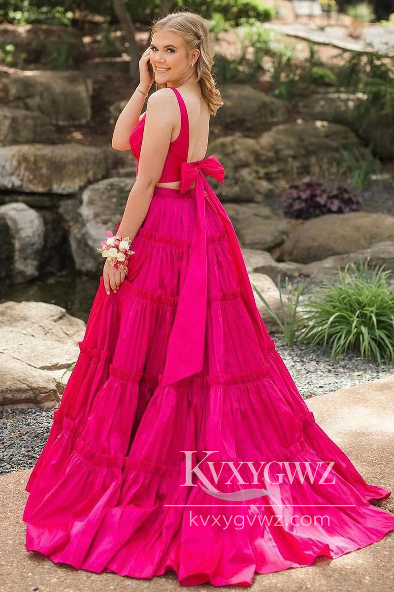 Pink Two Piece V Neck Satin Evening Gown A-Line Sweep Train Prom Dress LF1121
