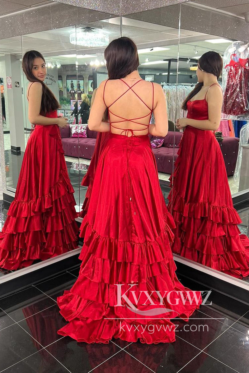 Spaghetti Strap Evening Gown Red Scoop Neck Ruffle Tiered Satin A-Line Long Prom Dress LF1122