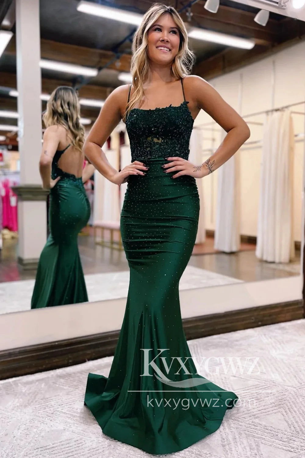 Conspicuous Dark Green Evening Gown Beaded Long Prom Dress with Appliques LF1126