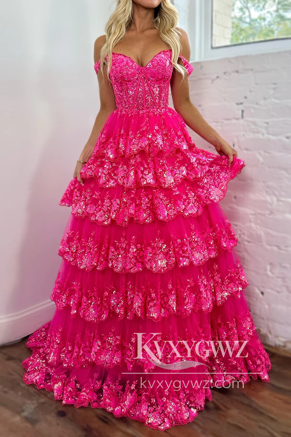 Princess Ball Gown Hot Pink Evening Gown Off the Shoulder Long Prom Dress LF1127