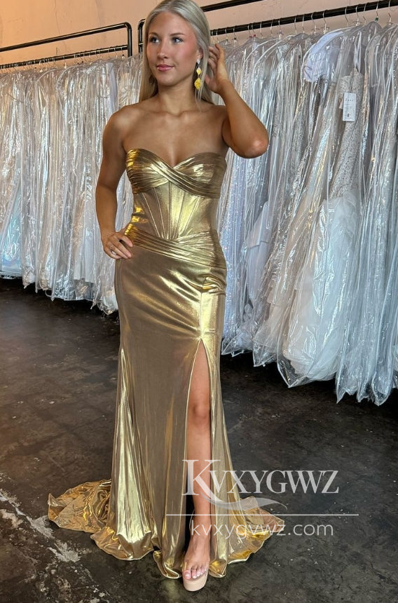 Charming Mermaid Sweetheart Evening Gown Conspicuous Satin Prom Dress With Slit LF1129