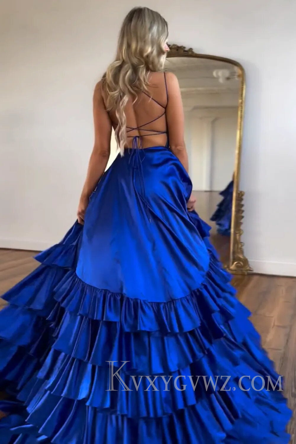 Royal Blue Spaghetti Straps Tiered Long Prom Dress with Slit LF113