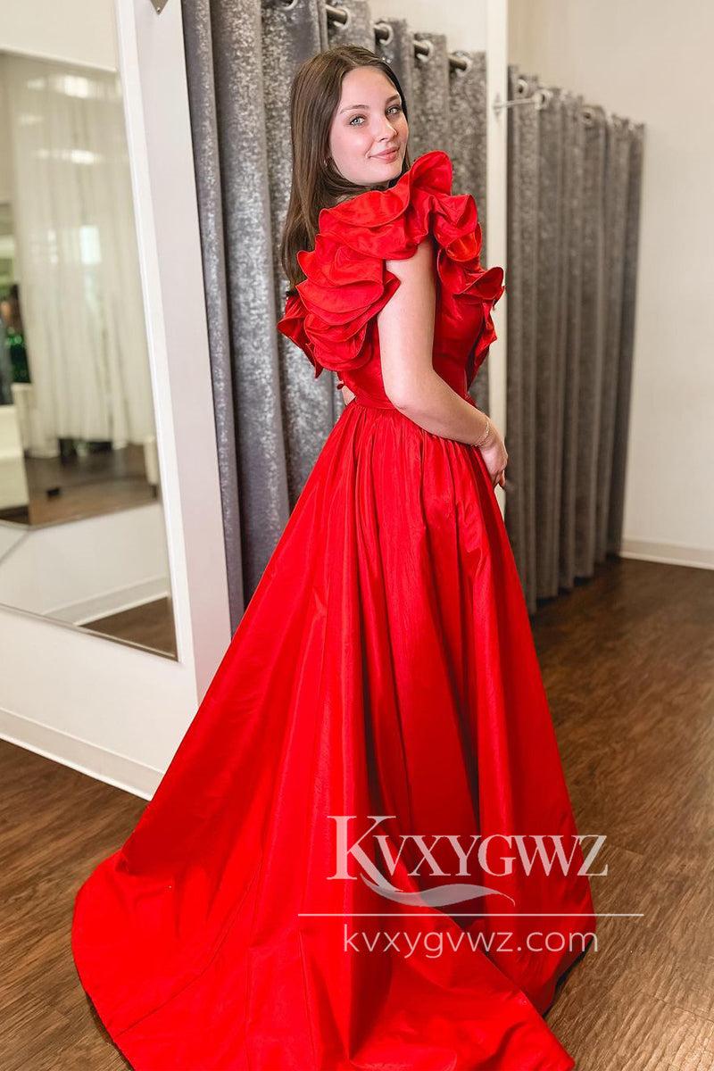 Red Ruffle V Neck Evening Gown Satin A-Line Handmade Flower Long Prom Dress LF1130