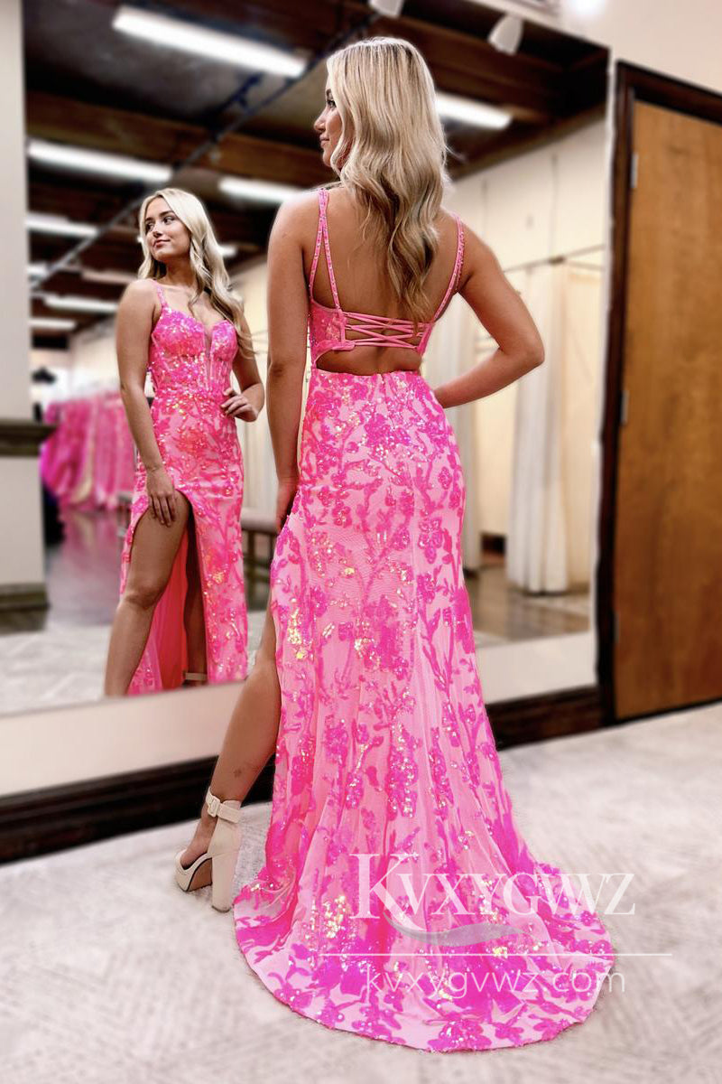 Pink Sweetheart Sequins Lace Evening Gown Mermaid Prom Dress with Slit LF1137
