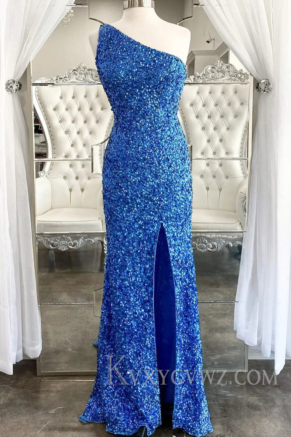 Glitter Black Sequins Long Prom Dress with Slit LF114