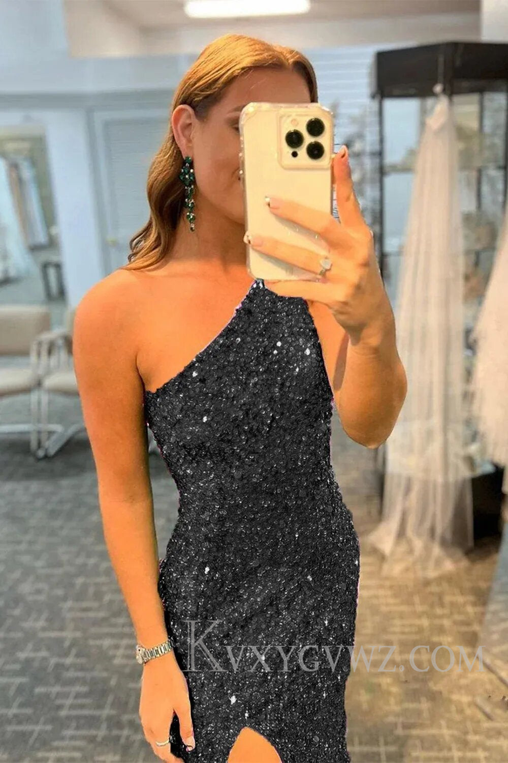 Glitter Black Sequins Long Prom Dress with Slit LF114
