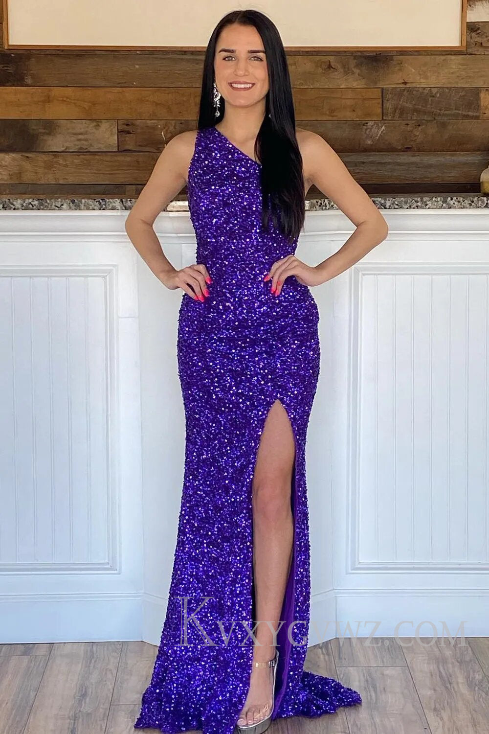 Glitter Black Sequins Long Prom Dress with Slit LF114