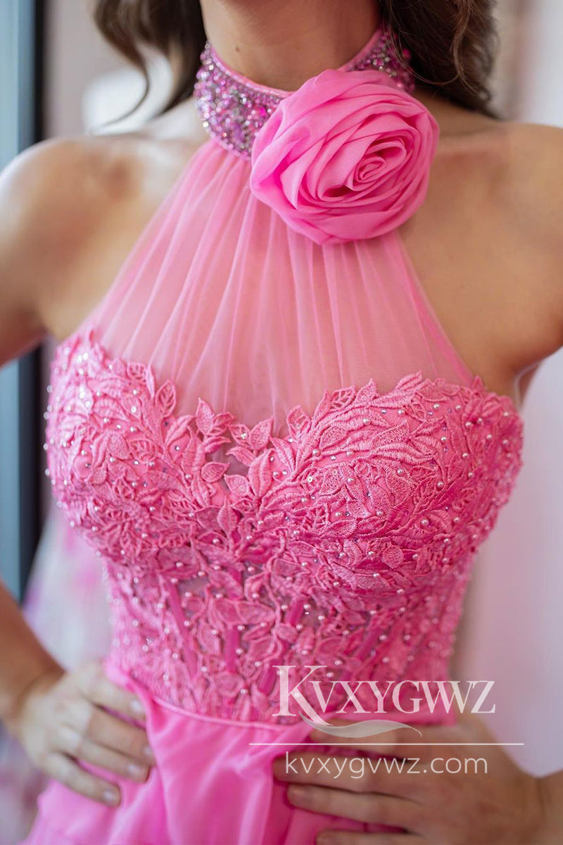 Pink Halter Evening Gown Tiered Chiffon Long Prom Dress with Appliques LF1141
