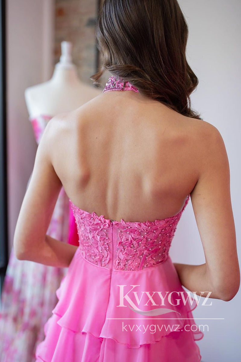 Pink Halter Evening Gown Tiered Chiffon Long Prom Dress with Appliques LF1141