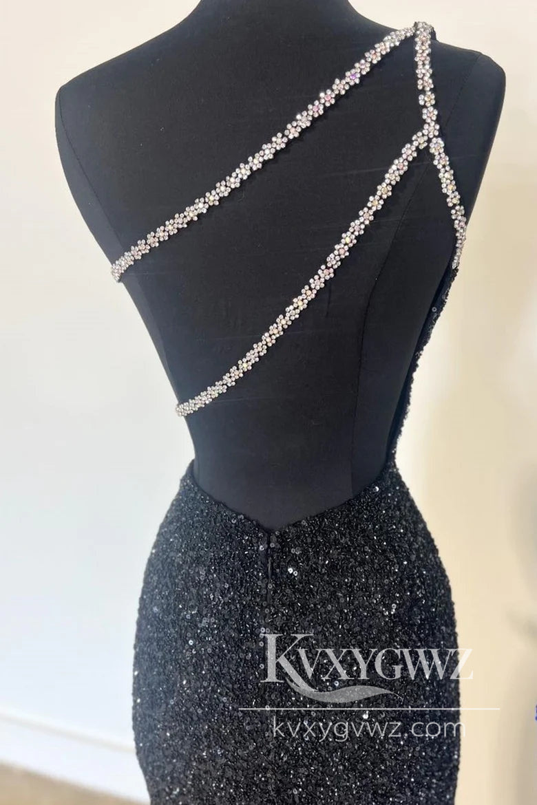One-Shoulder Evening Gown Sequin Rhinestone Keyhole Long Prom Dress with Slit LF1146