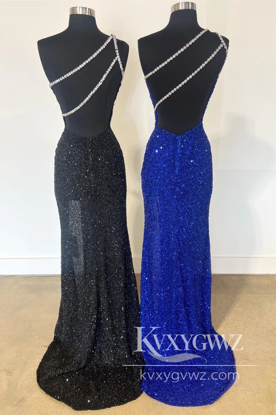 One-Shoulder Evening Gown Sequin Rhinestone Keyhole Long Prom Dress with Slit LF1146