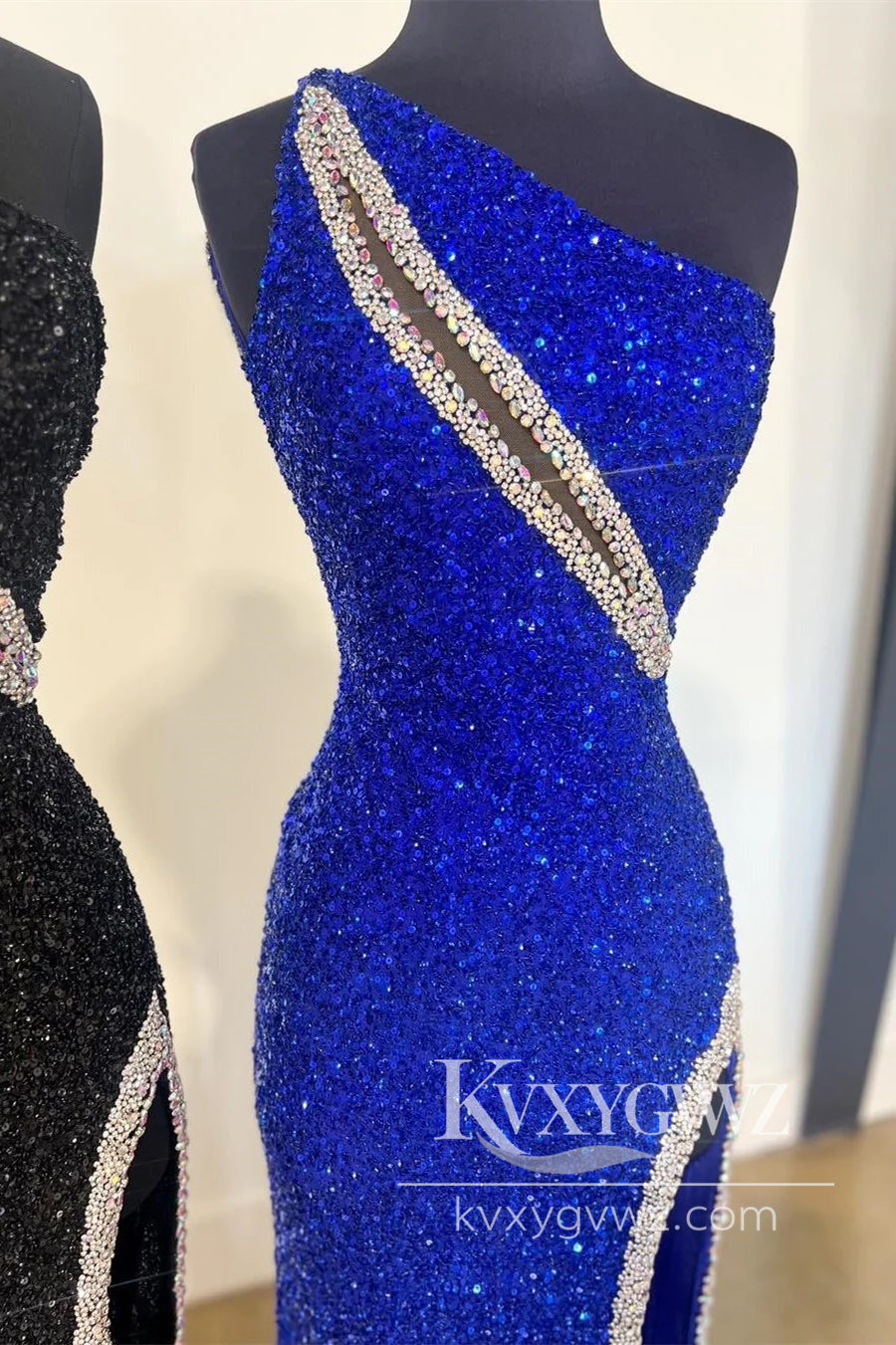 One-Shoulder Evening Gown Sequin Rhinestone Keyhole Long Prom Dress with Slit LF1146