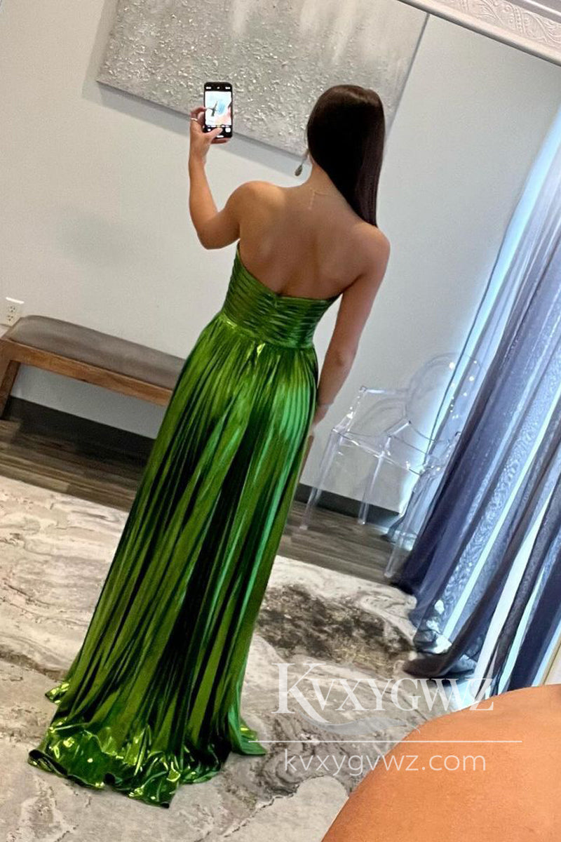 Fashion A Line Strapless Evening Gown Metallic Satin Pleated Prom Dress with Slit LF1149