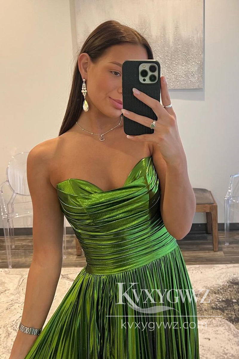 Fashion A Line Strapless Evening Gown Metallic Satin Pleated Prom Dress with Slit LF1149