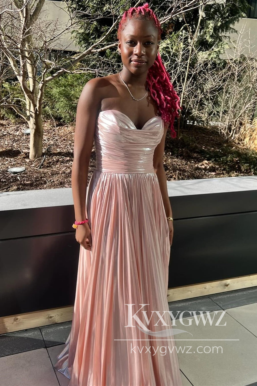 Fashion A Line Strapless Evening Gown Metallic Satin Pleated Prom Dress with Slit LF1149
