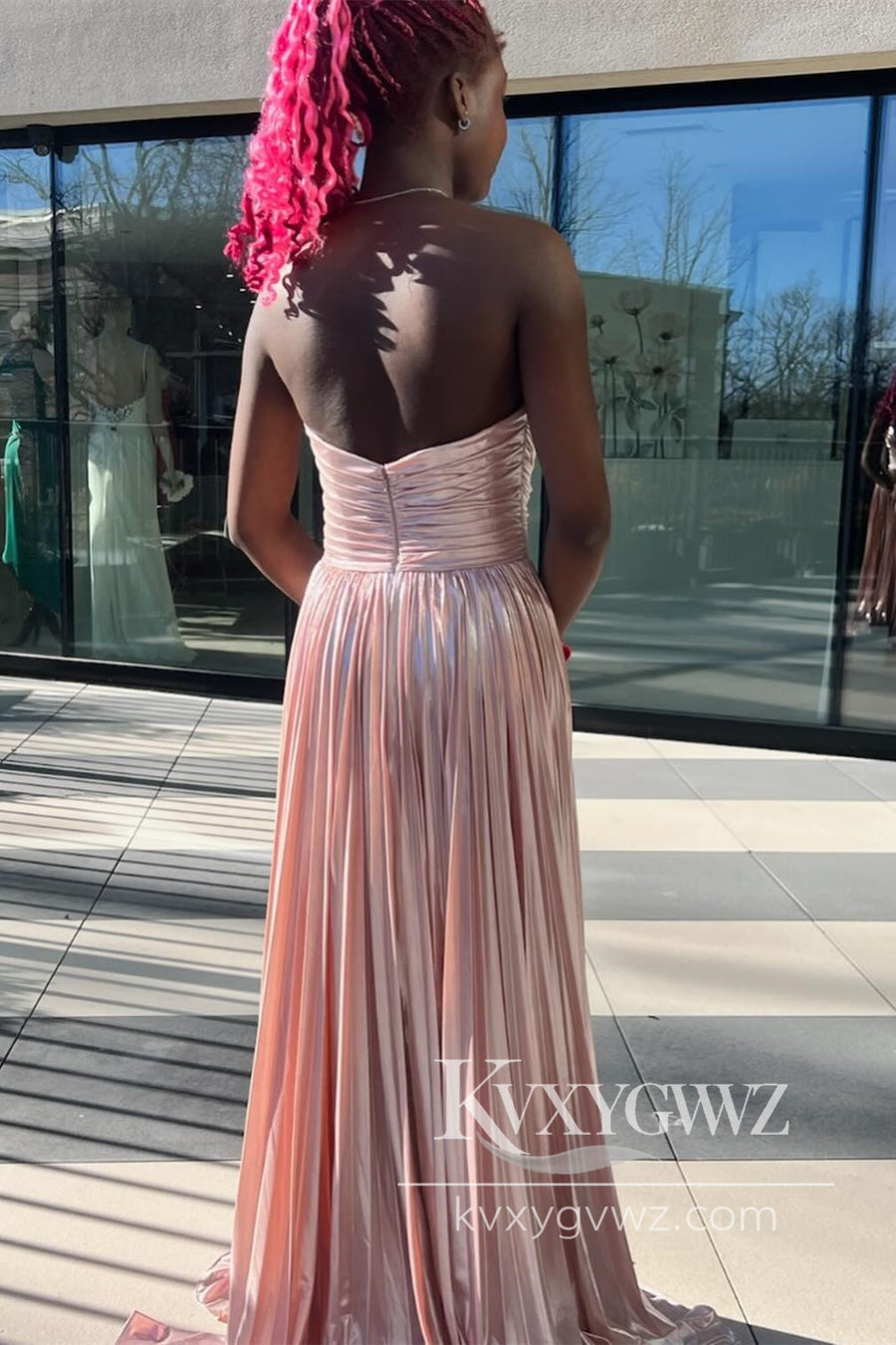 Fashion A Line Strapless Evening Gown Metallic Satin Pleated Prom Dress with Slit LF1149