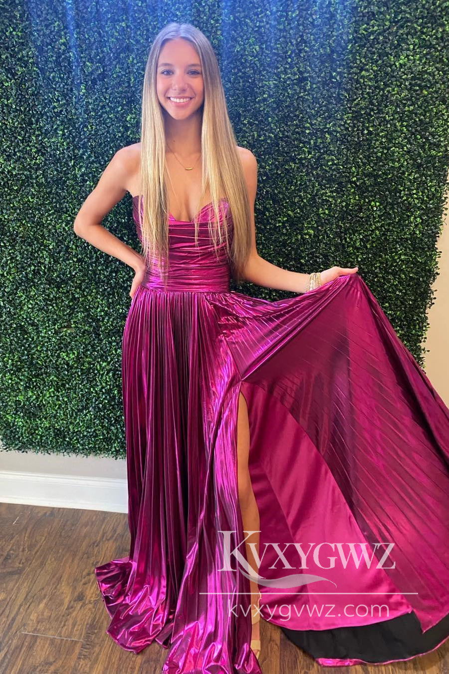 Fashion A Line Strapless Evening Gown Metallic Satin Pleated Prom Dress with Slit LF1149