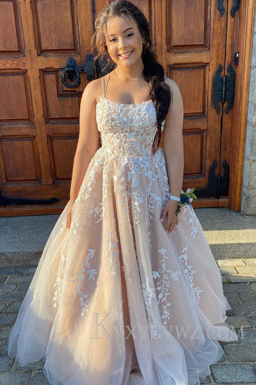 Red Spaghetti Straps Long Prom Dress with Appliques LF115