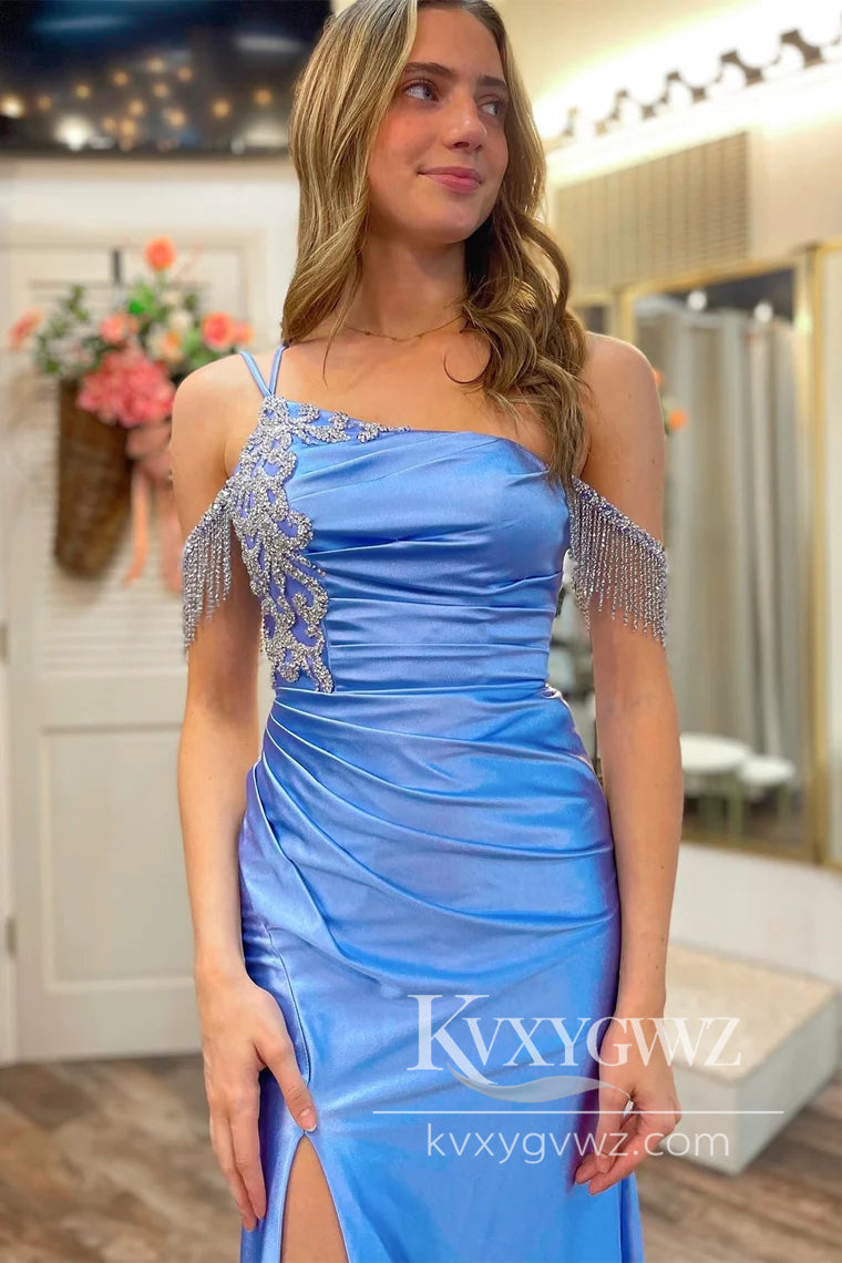 One-Shoulder Blue Fringes Evening Gown Mermaid Long Formal Prom Dress with Slit LF1150